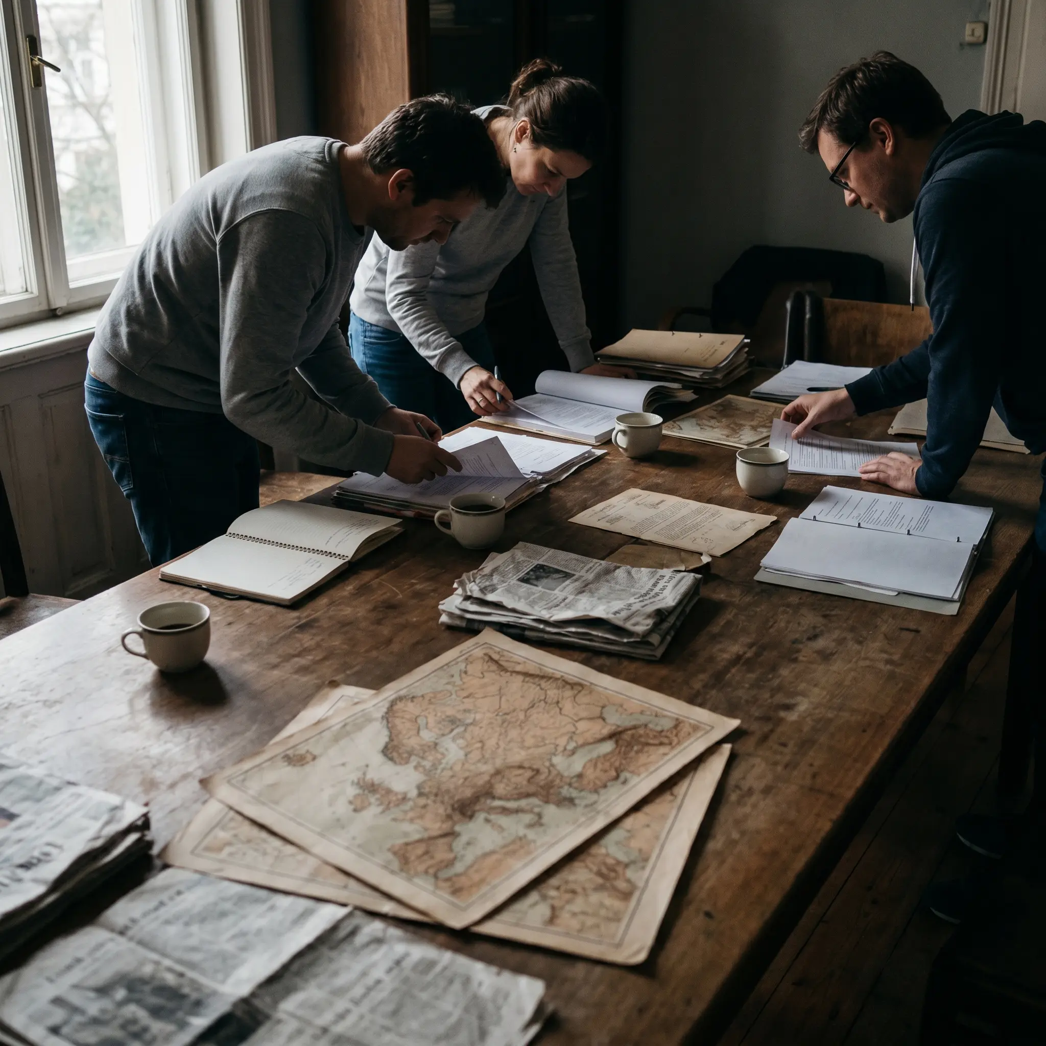 Editors reviewing European policy source documents around a newsroom table