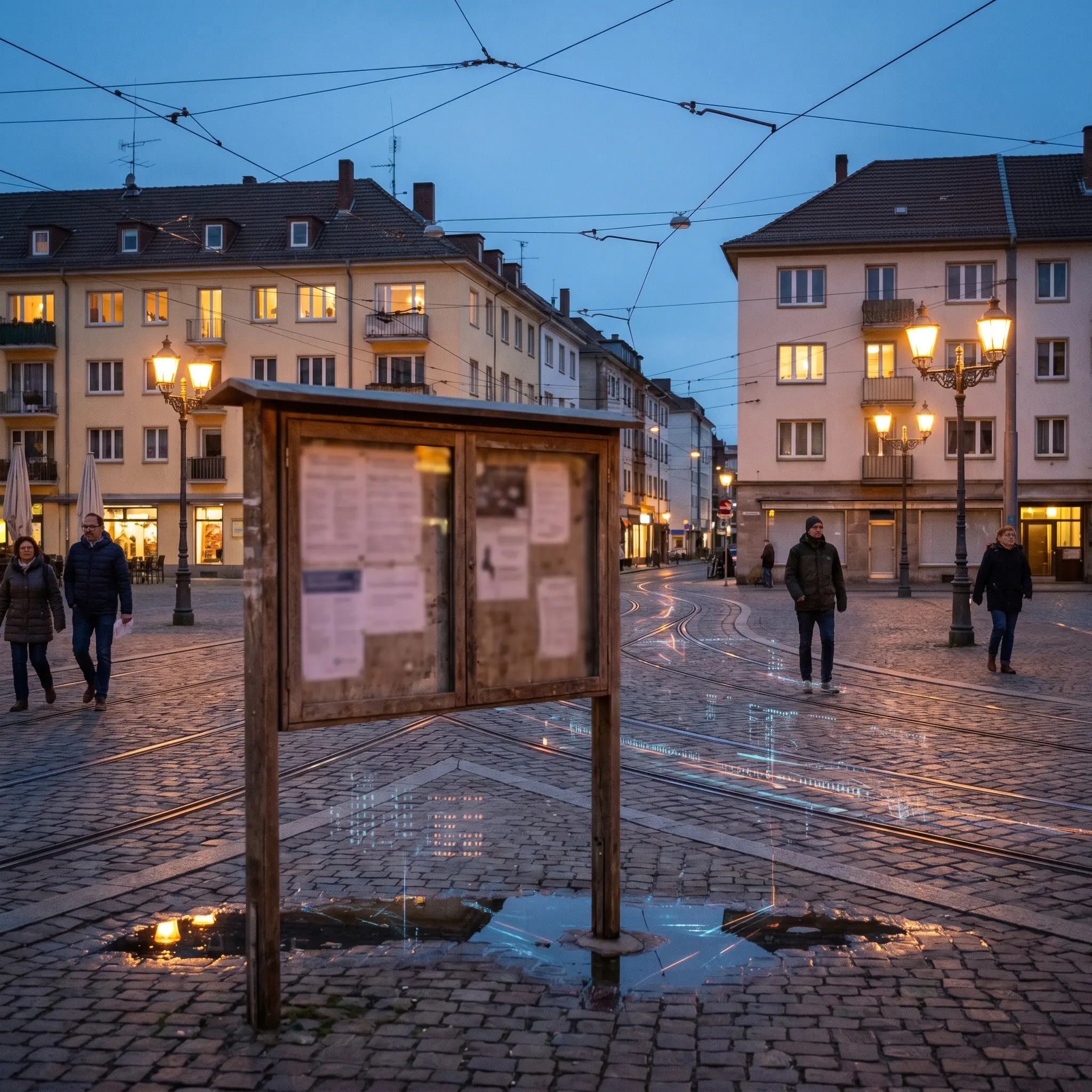 European civic square with tram lines and public-service signals