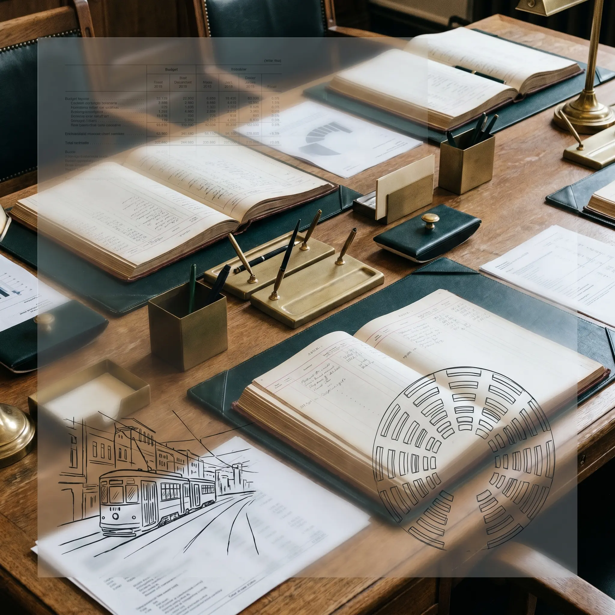 Policy record desk with city transit notes and public data sheets